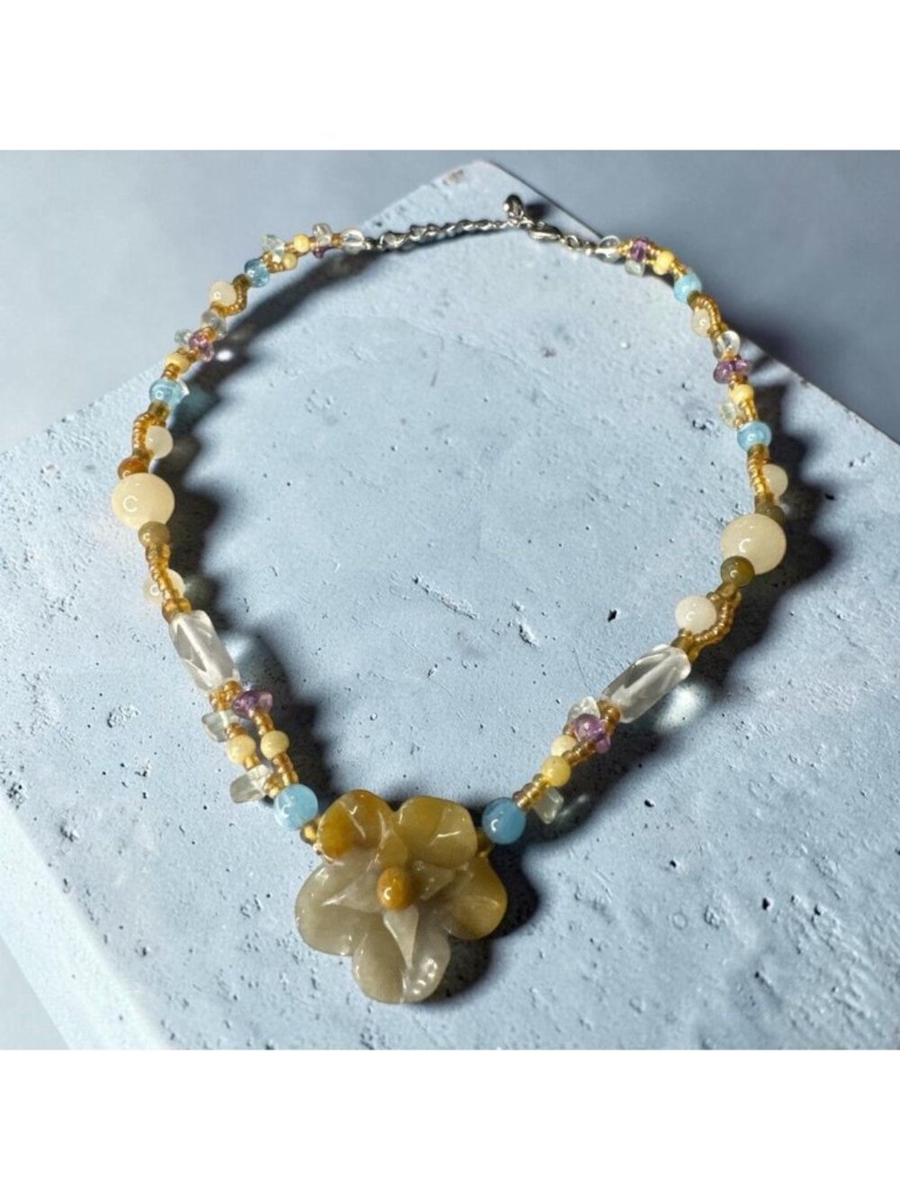 Handcrafted Multicolor Beaded Necklace With Floral Pendant & Adjustable Clasp
